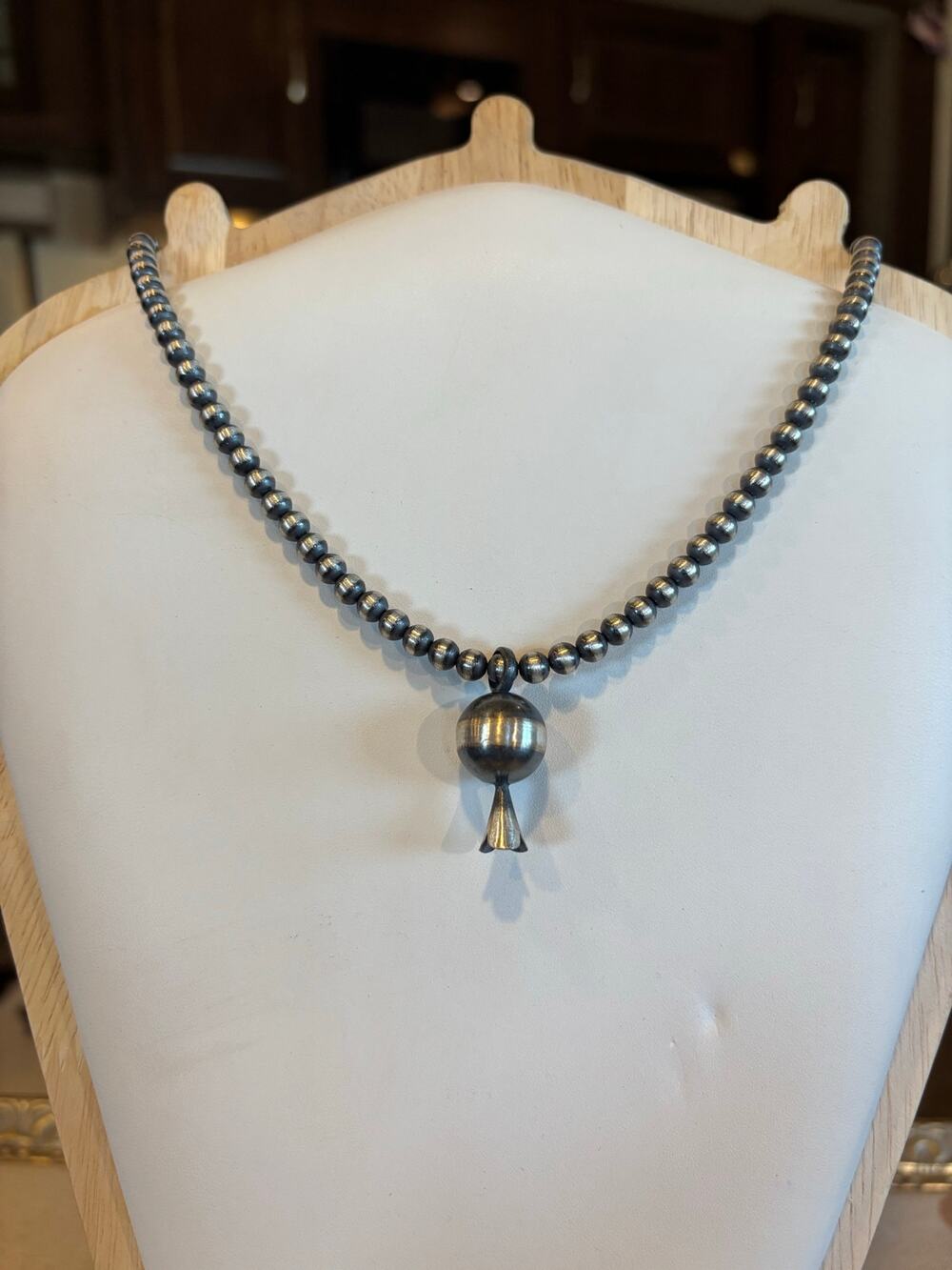 14mm Sterling Silver Squash Blossom Pendant on a 16" 4mm Pearl Bead Necklace